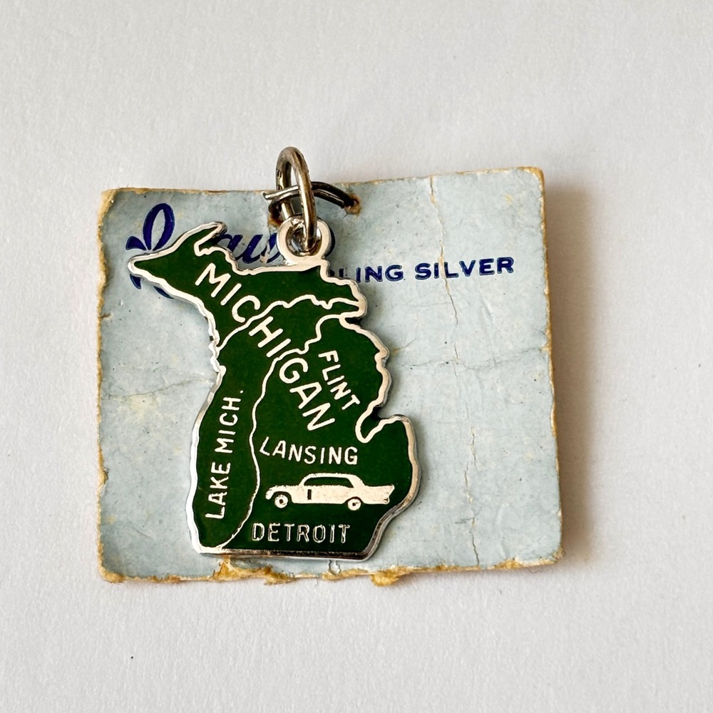 Vintage Beau Sterling Silver Charm Michigan State Map Green Enamel Souvenir New